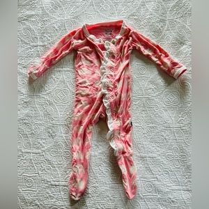 Kickee Pants pajamas pink with white elephants and ruffles on the bum.